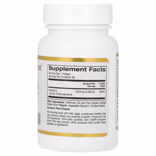 California Gold Nutrition, Vitamin D3, 125 mcg (5,000 IU), 90 Fish Gelatin Softgels - Image 3