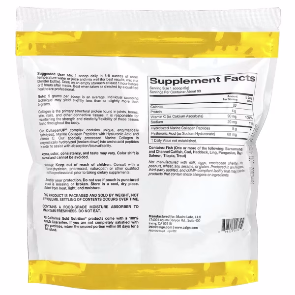alifornia Gold Nutrition, CollagenUP®, Hydrolyzed Marine Collagen Peptides with Hyaluronic Acid and Vitamin C, Unflavored, 1.02 lb (464 g) - Image 3