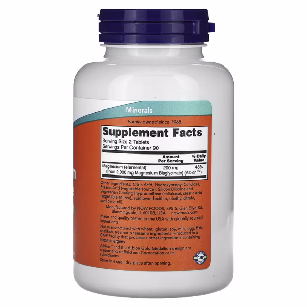 NOW Foods, Magnesium Glycinate, 200 mg, 180 Tablets (100 mg per Tablet) - Image 3