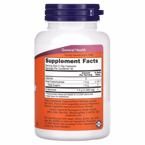 NOW Foods, D-Mannose, 500 mg, 120 Veg Capsules - Image 3